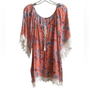 Staccato Short Sleeveve Orange/Blue Paisley Split Neck Tunic Top. Size Medium